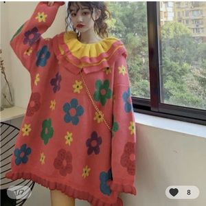 Kawaii Pale Salmon Floral Oversized Ruffled collar Knitted Sweater